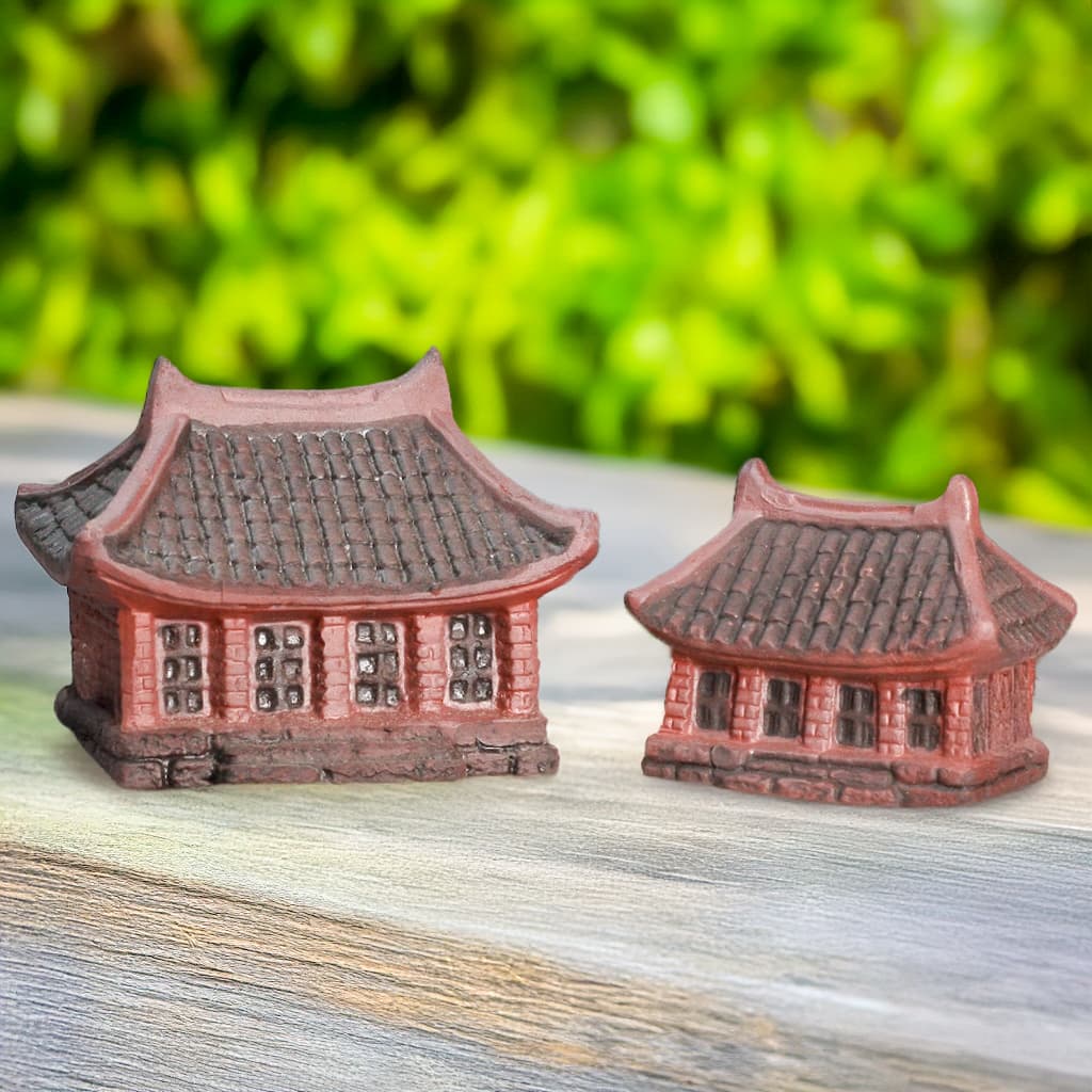 Front view comparing the Large and Small Miniature House Figurines. Use them as Bonsai Figurines, Ceramic Terrarium Figurines, or Ceramic Aquarium Decor.