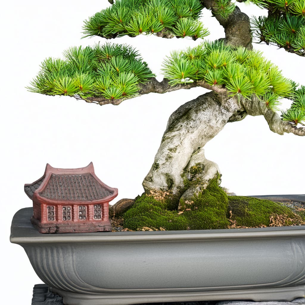 A small, reddish-brown Miniature House Figurine used as bonsai pot decor, placed on green moss right next to a bonsai tree trunk. An example of using Bonsai Figurines.