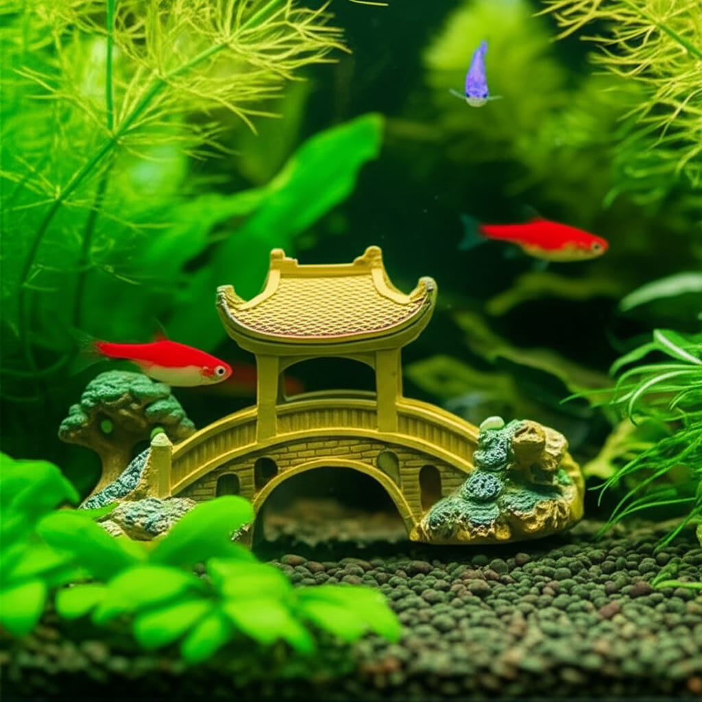 A yellow, arched miniature bridge with a roof sits on gravel in a fish tank with green plants.