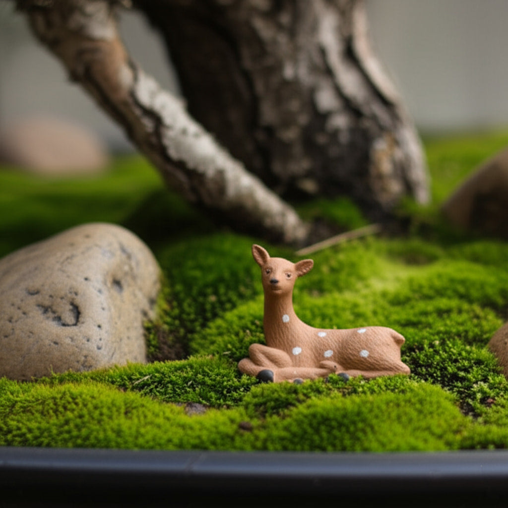 This miniature deer figurine is nestled in green moss, perfect for fairy garden decor.