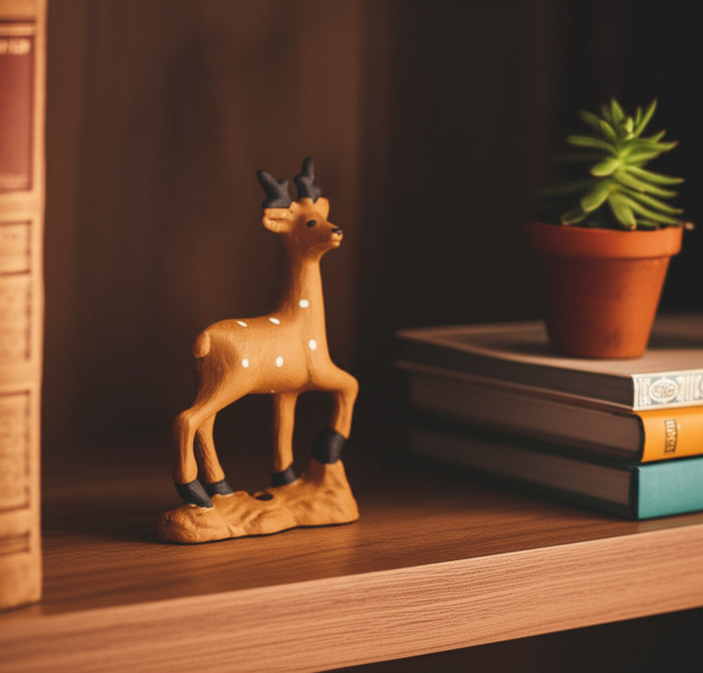 A miniature deer figurine stands on a shelf. A great ceramic animal for home or fairy garden decor.