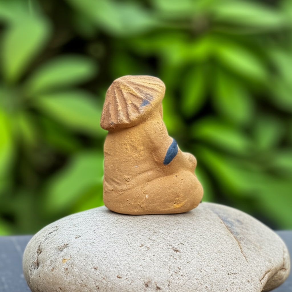 Back view of a ceramic mudmen fisherman figurine sitting on a grey rock. Authentic piece.