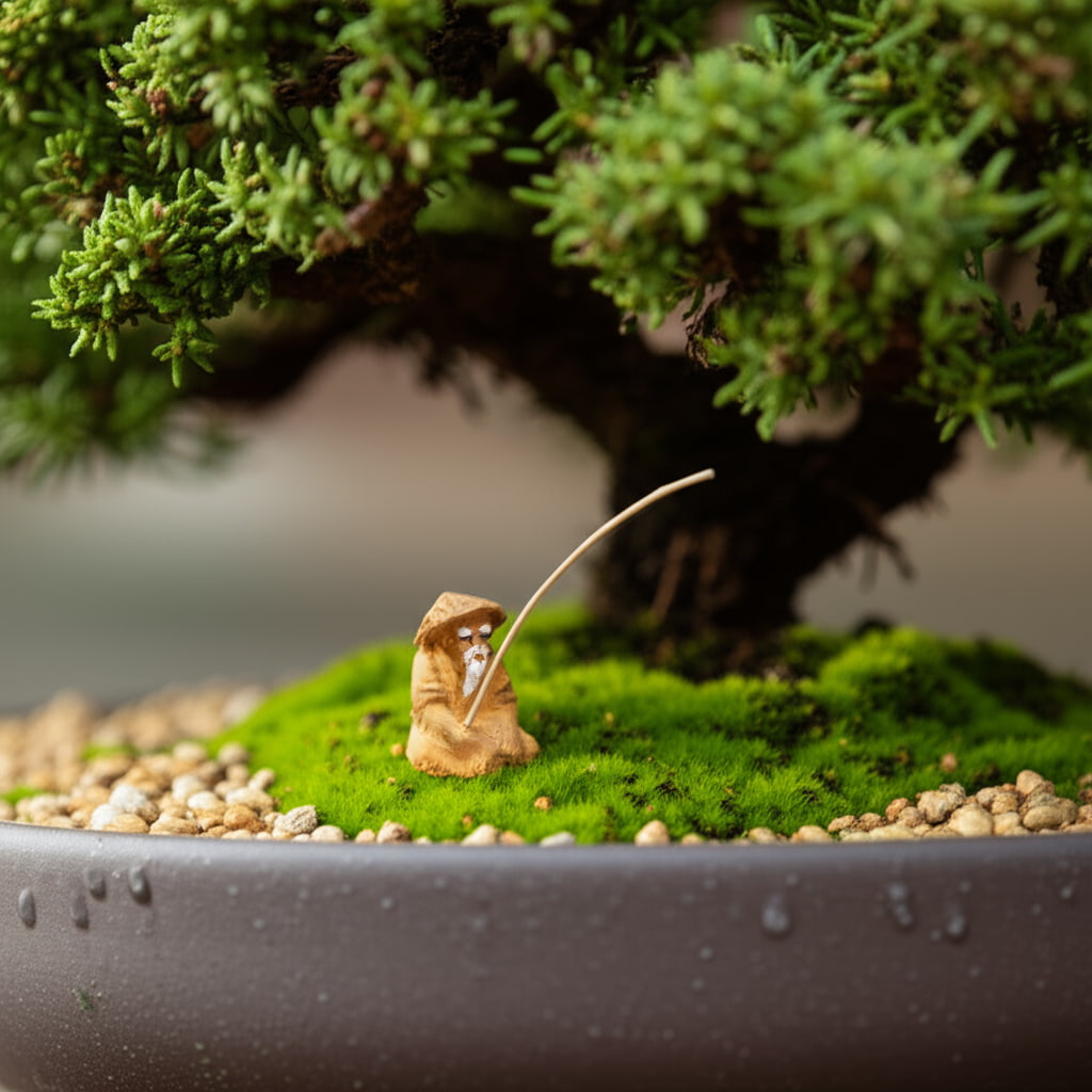 A miniature fisherman figurine sits on moss. A classic example of chinese fisherman & bonsai figurines.