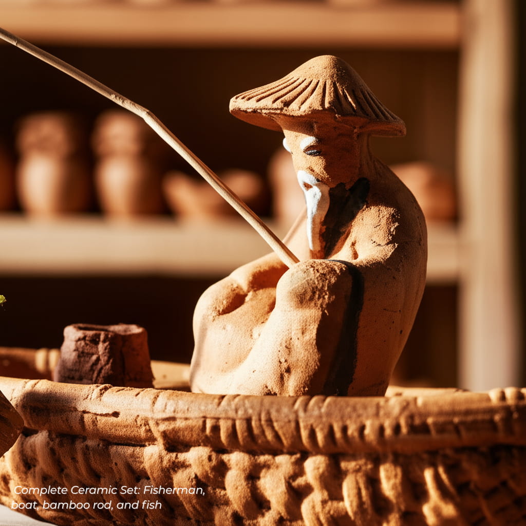 Close-up of a rustic, brown ceramic fisherman figurine in a boat. This is great fisherman decor.
