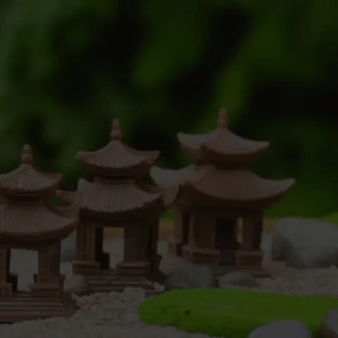 single brown miniature Japanese pagoda for bonsai decor and three for Zen garden decor.