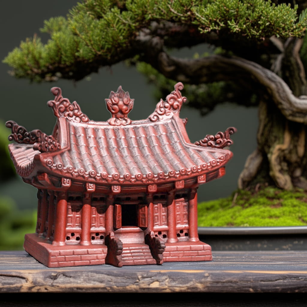A close-up of a miniature pagoda. These bonsai figurines are also great as ceramic aquarium decor.