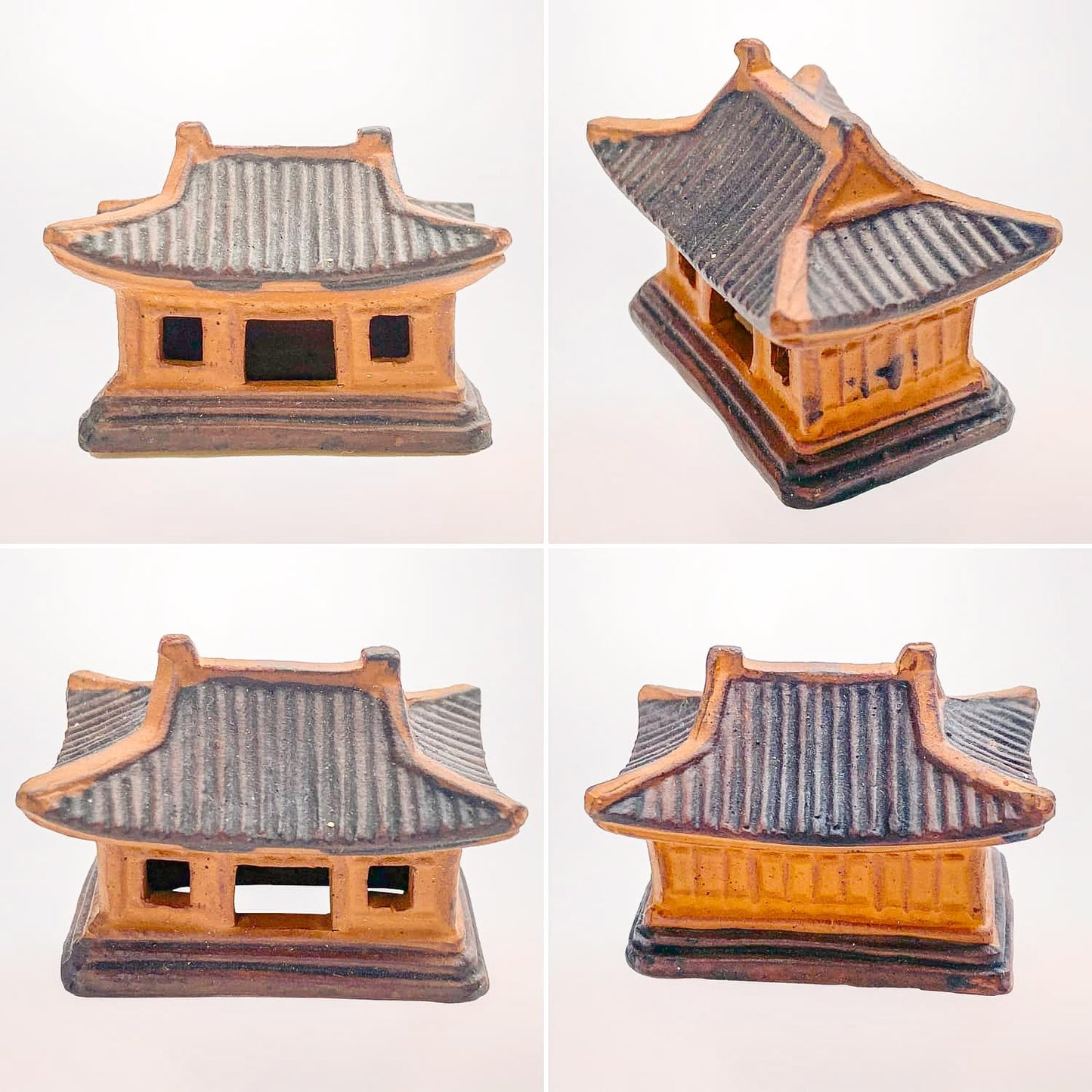 Four angles detailing a second small, brown ceramic pagoda statue, great as bonsai figurines or terrarium figurines.