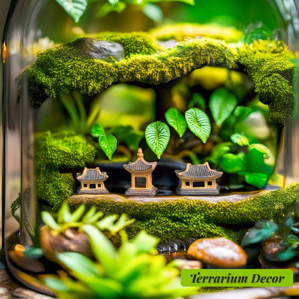 Three miniature pagoda terrarium figurines arranged on a mossy ledge inside a glass terrarium with green plants.