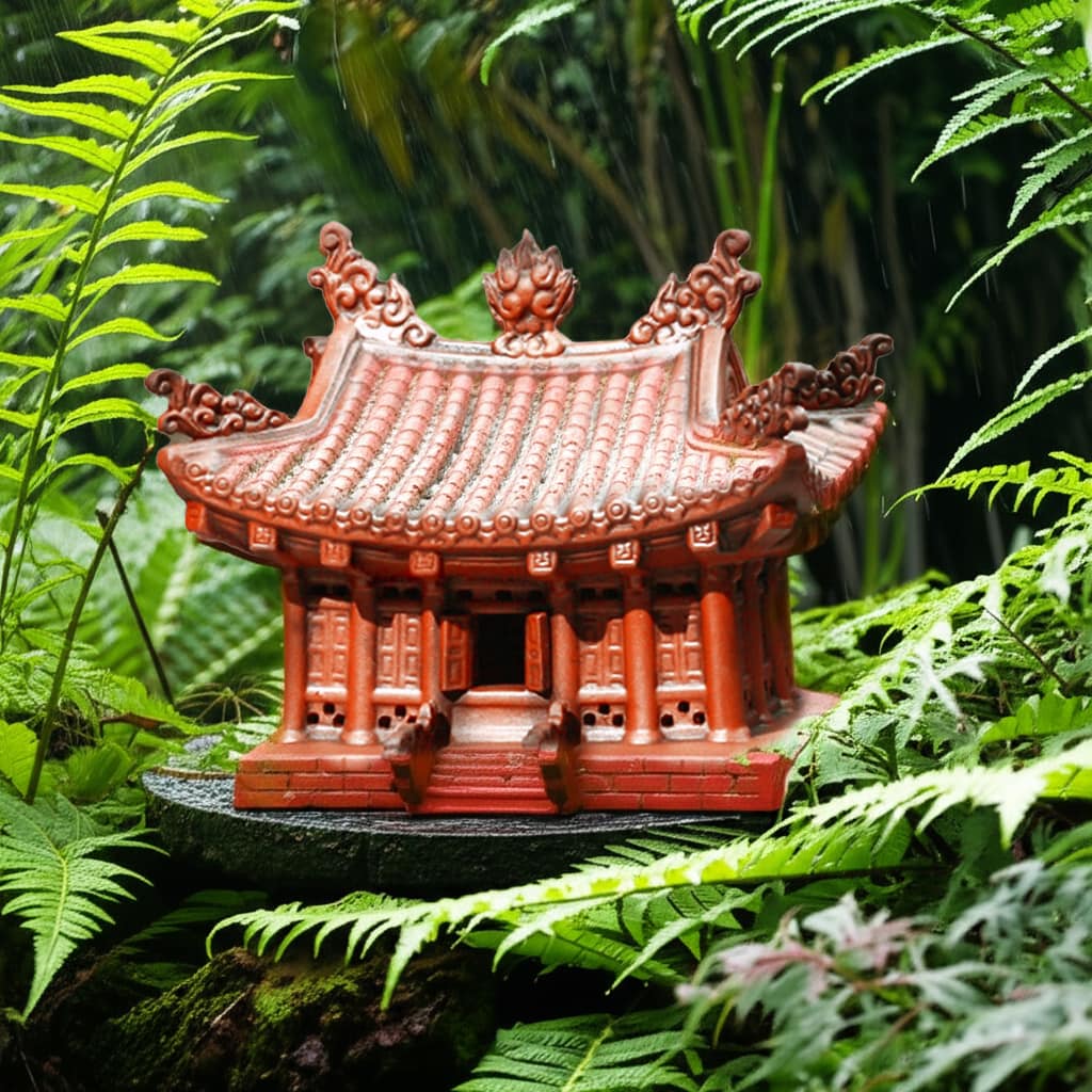 A red-brown ceramic pagoda garden statue sits on a rock among ferns. This ceramic pagoda statue is a great garden decoration