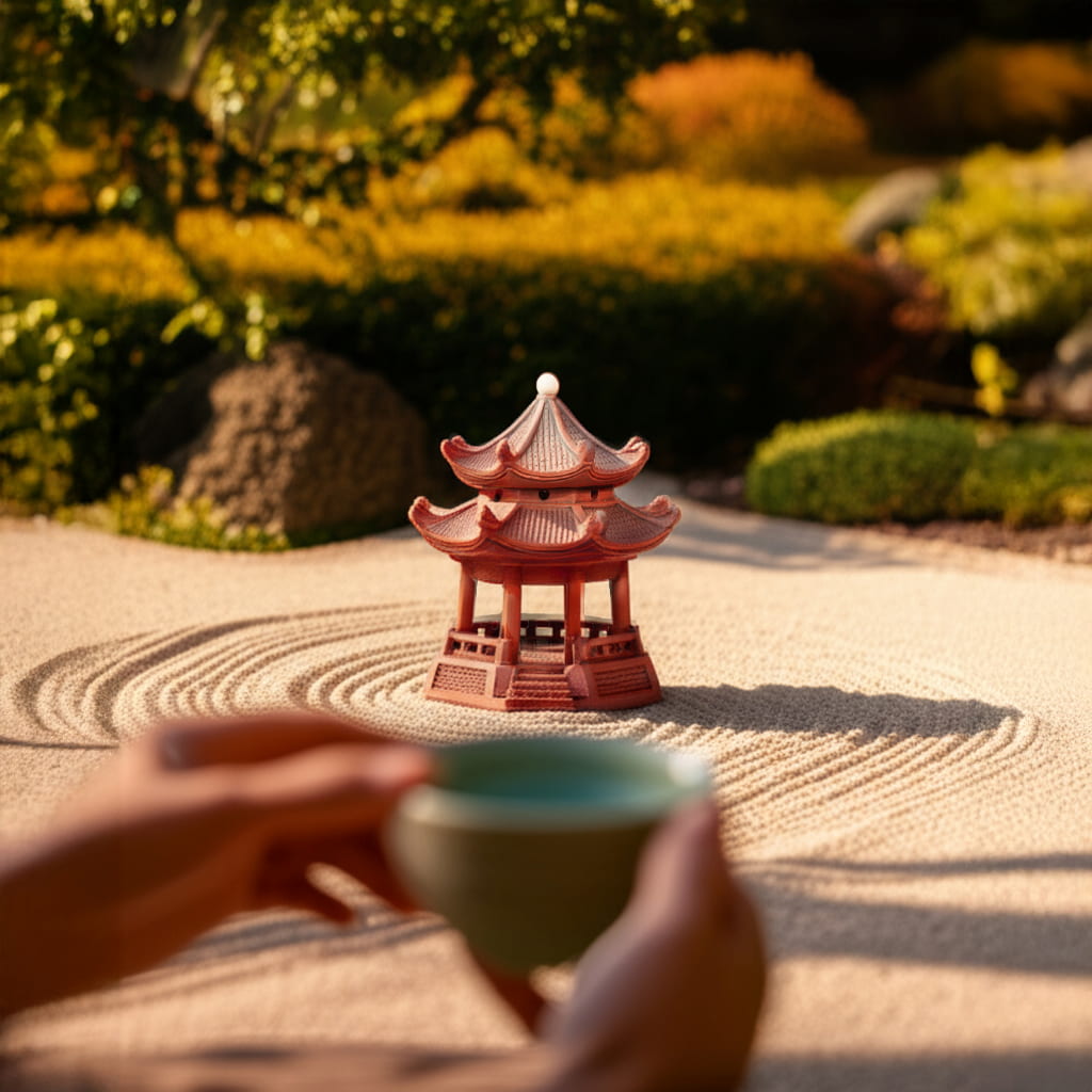 A reddish miniature pagoda, a serene ceramic pagoda statue, rests on a mossy rock in a green garden.