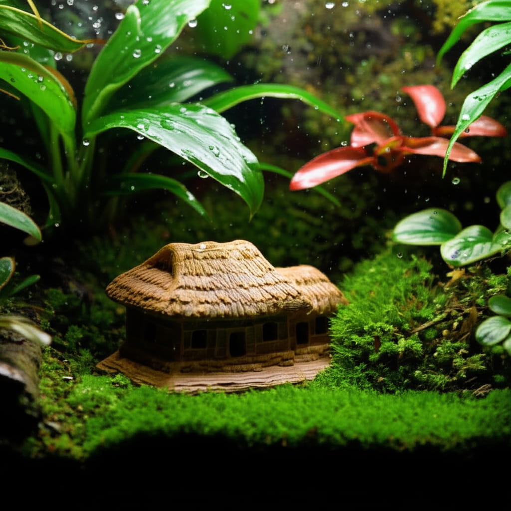A brown thatched house figurine sits on bright green moss, surrounded by wet plants in a terrarium. This mini house figurine enhances the scene.