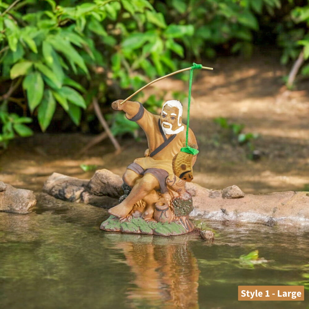 Set of 3 Ceramic Fishermen Figurines | Bonsai & Aquarium Decor