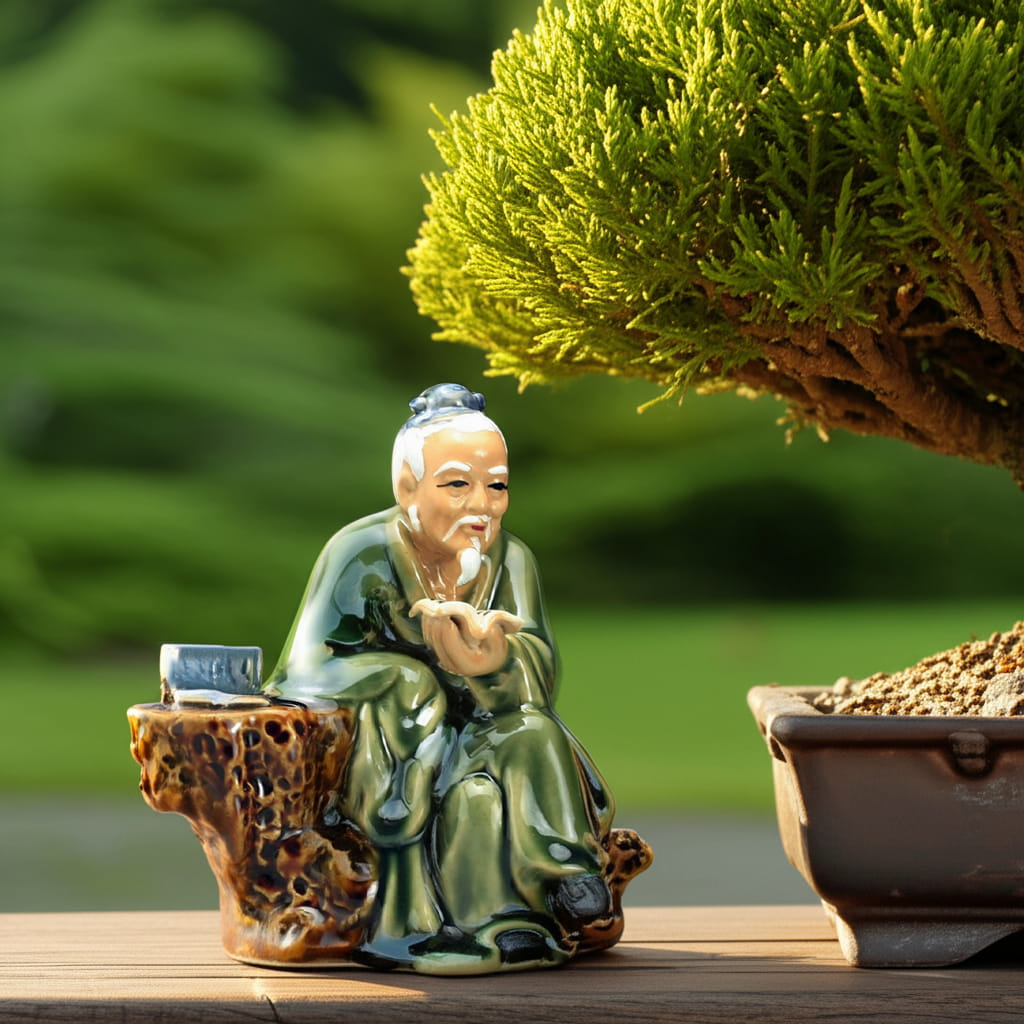 A pensive bonsai figurine under a bonsai tree. A great bonsai decorative accessory