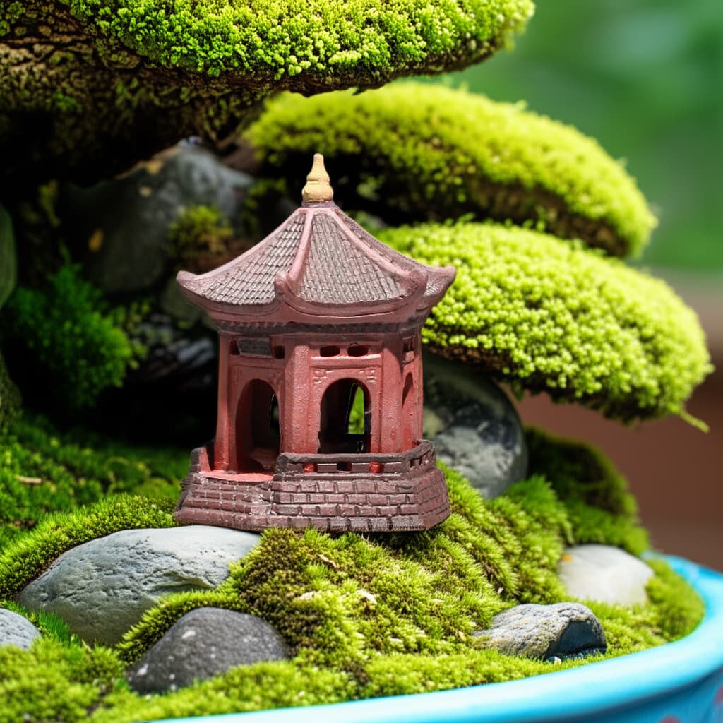A red-brown miniature pagoda sits on moss by a bonsai. It's great bonsai decoration.