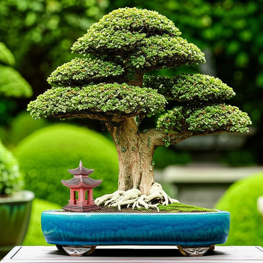 Small red bonsai tree figurine pagoda, a bonsai decor piece, by a bonsai in a blue pot.