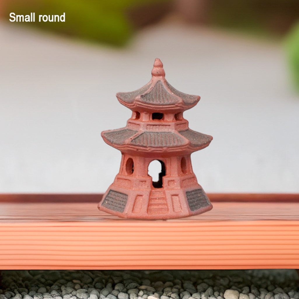 Small round reddish-brown miniature pagoda for bonsai. A classic miniature Japanese pagoda.