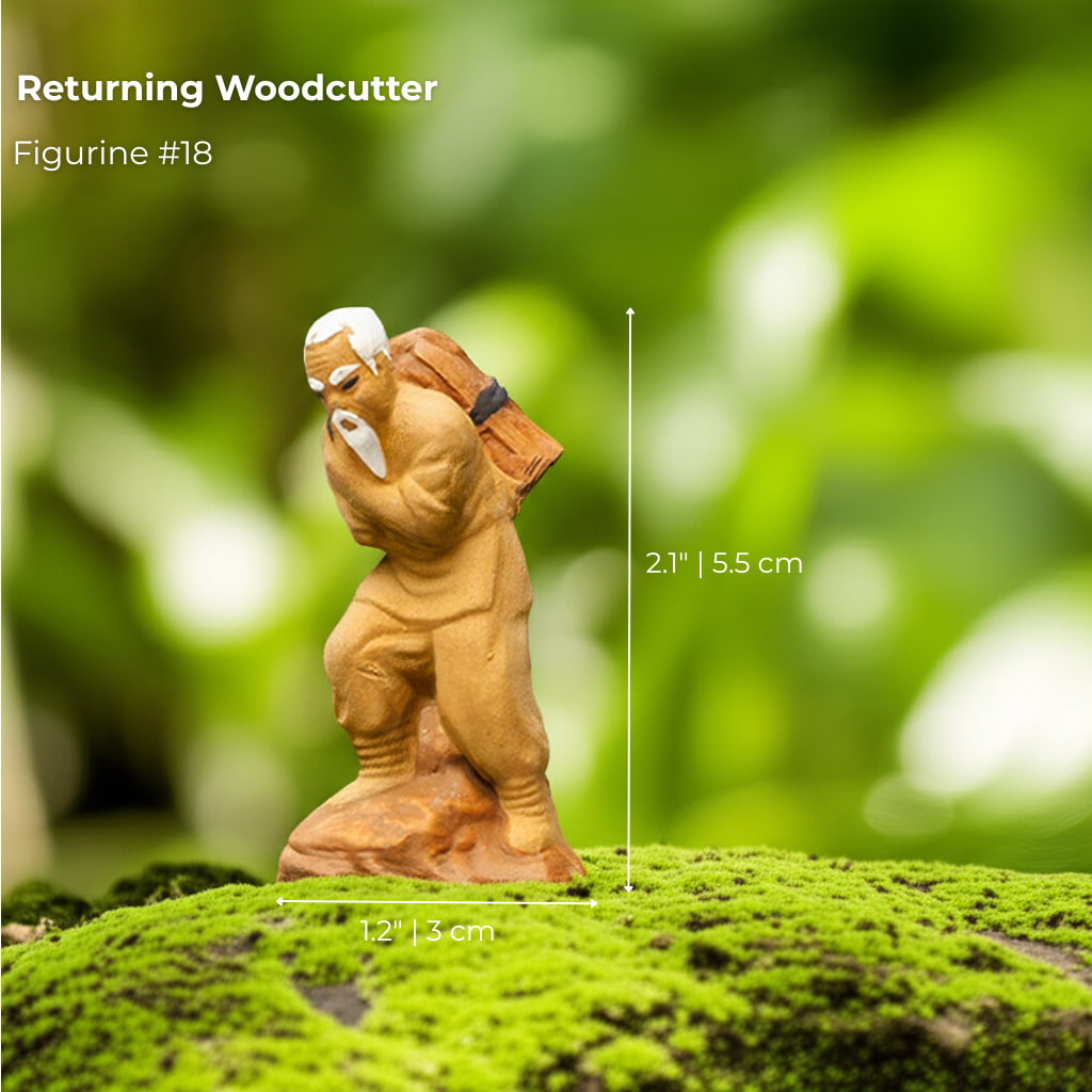 A Returning Woodcutter carrying wood. One of our classic chinese mudmen and bonsai tree figurines.