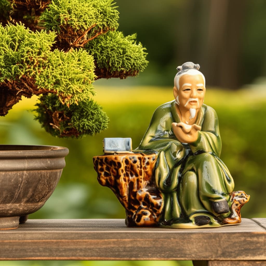 This Chinese mudmen sits by a bonsai. A perfect example of our Bonsai tree figurines.