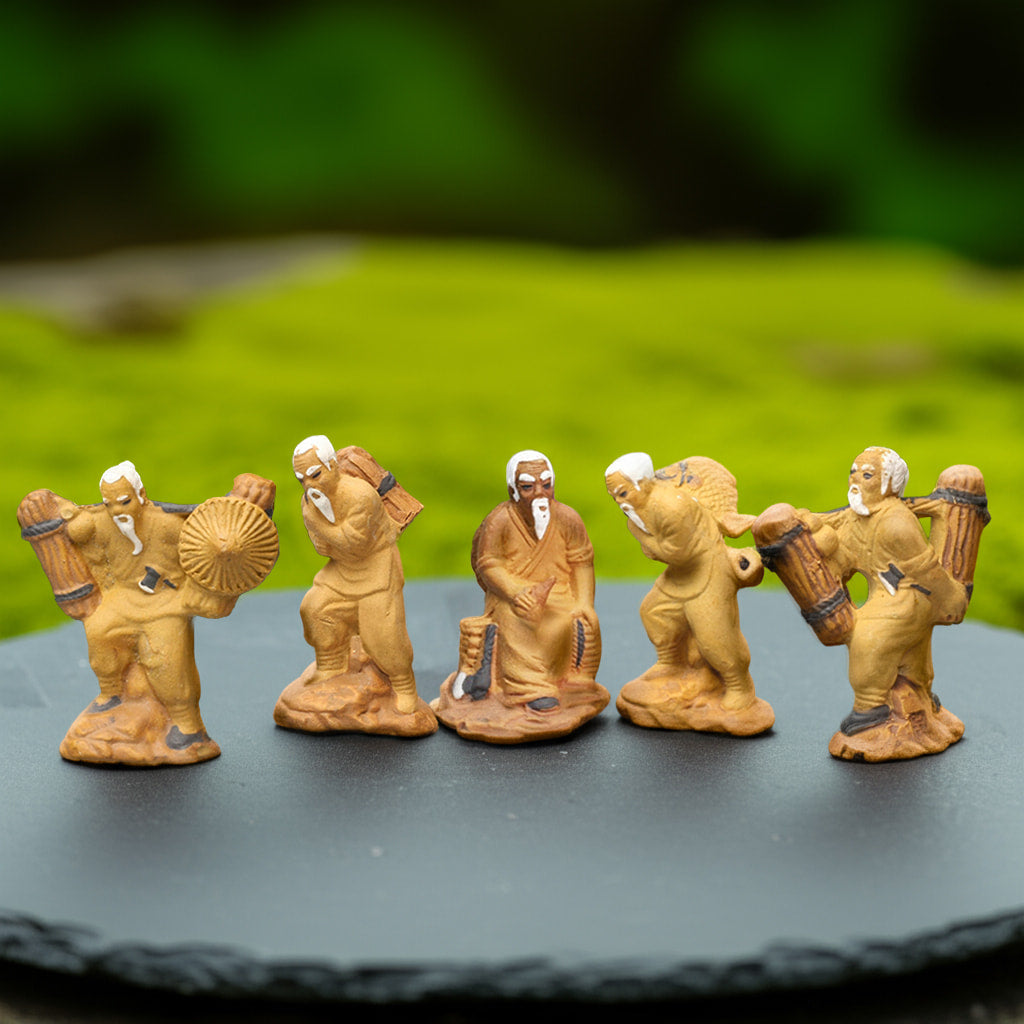 A set of five different bonsai mudmen. These Chinese mudmen are great bonsai decor pieces.