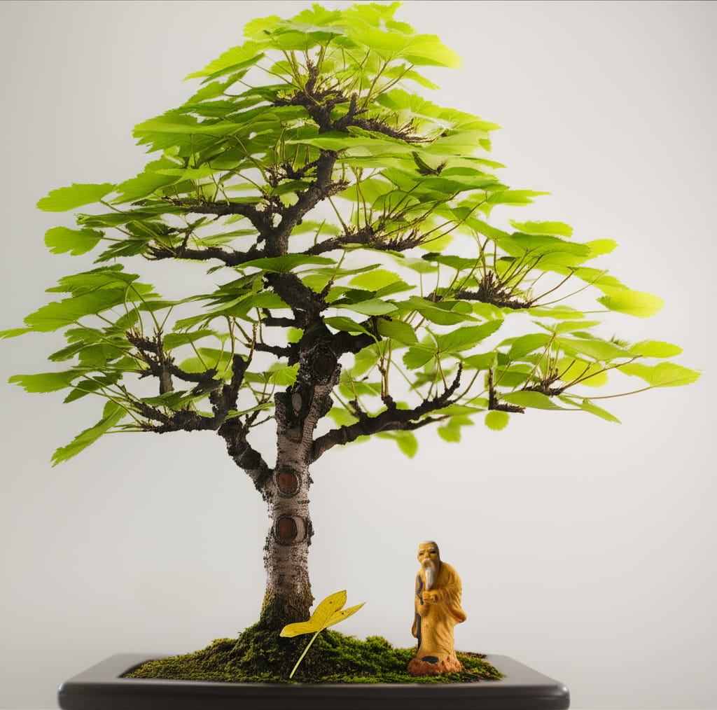 A single Bonsai tree figurines stands by a bonsai, an example of simple and elegant bonsai decor.