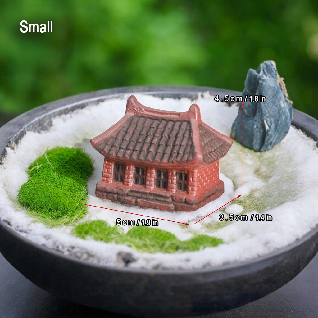 The 'Small' size Miniature House Figurine, dimensions shown as 5cm L x 3.5cm W x 4.5cm H, sits on white sand with moss. Good scale for Ceramic Terrarium Figurines or bonsai pot decor.