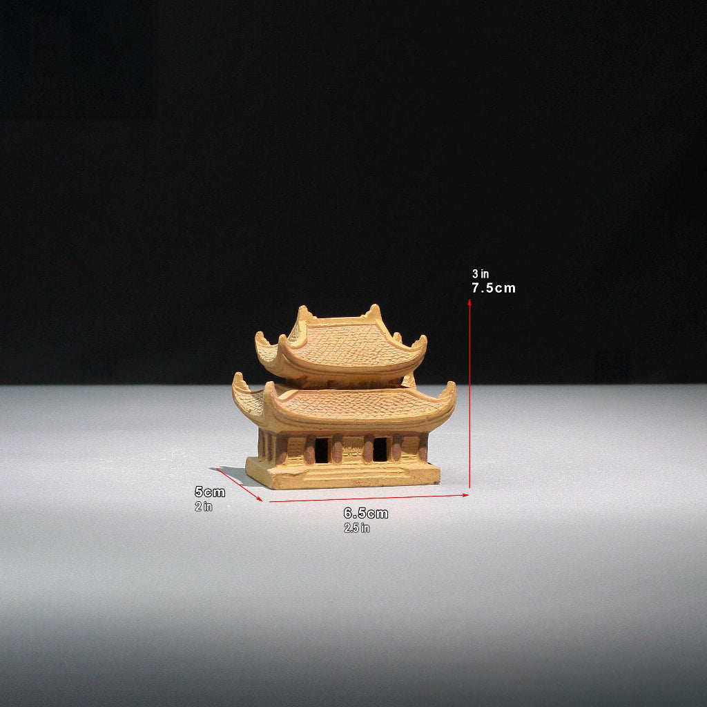 Small light brown miniature pagoda, 2in base, 3in tall. A pagoda statue for bonsai decor.