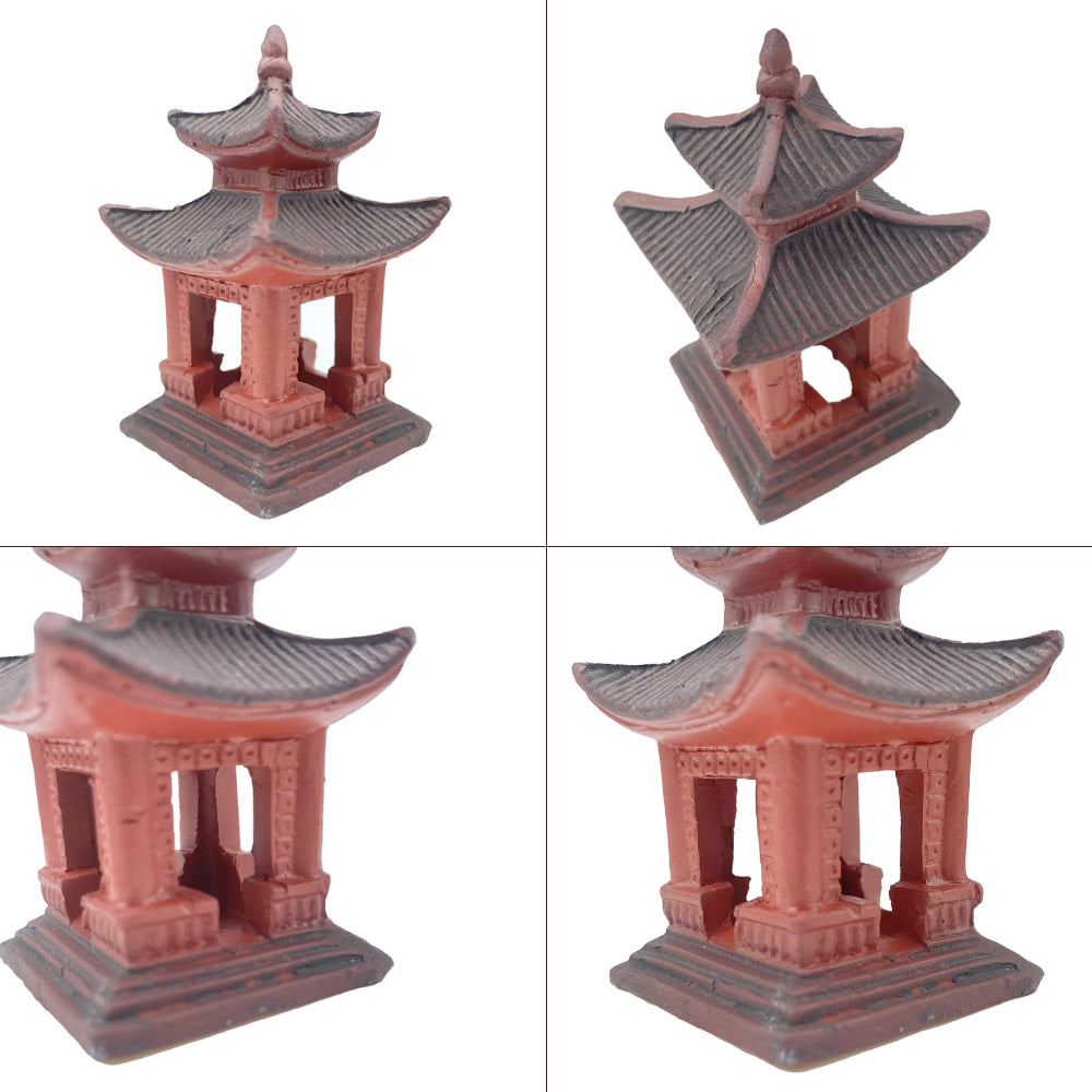 Four views: small square ceramic pagoda for bonsai. A handcrafted pagoda statue for Zen garden decor.