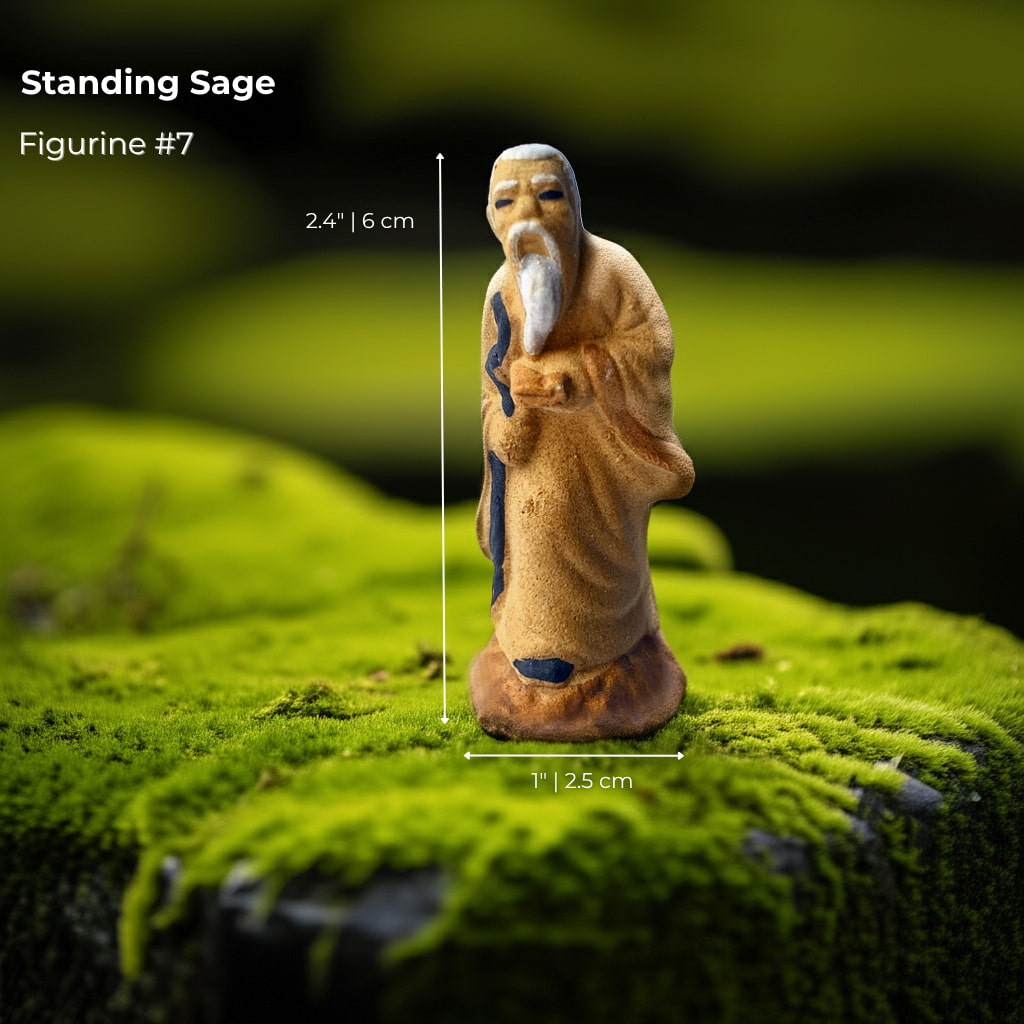 A Standing Sage, a classic chinese mudmen figure. This is a detailed bonsai tree figurine.