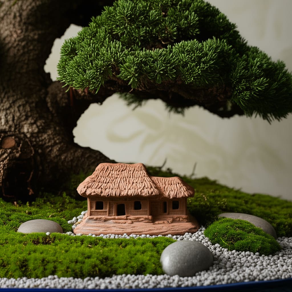 : A brown thatched house figurine nestled among green moss and pebbles in a bonsai pot. This bonsai decoration adds a village feel.