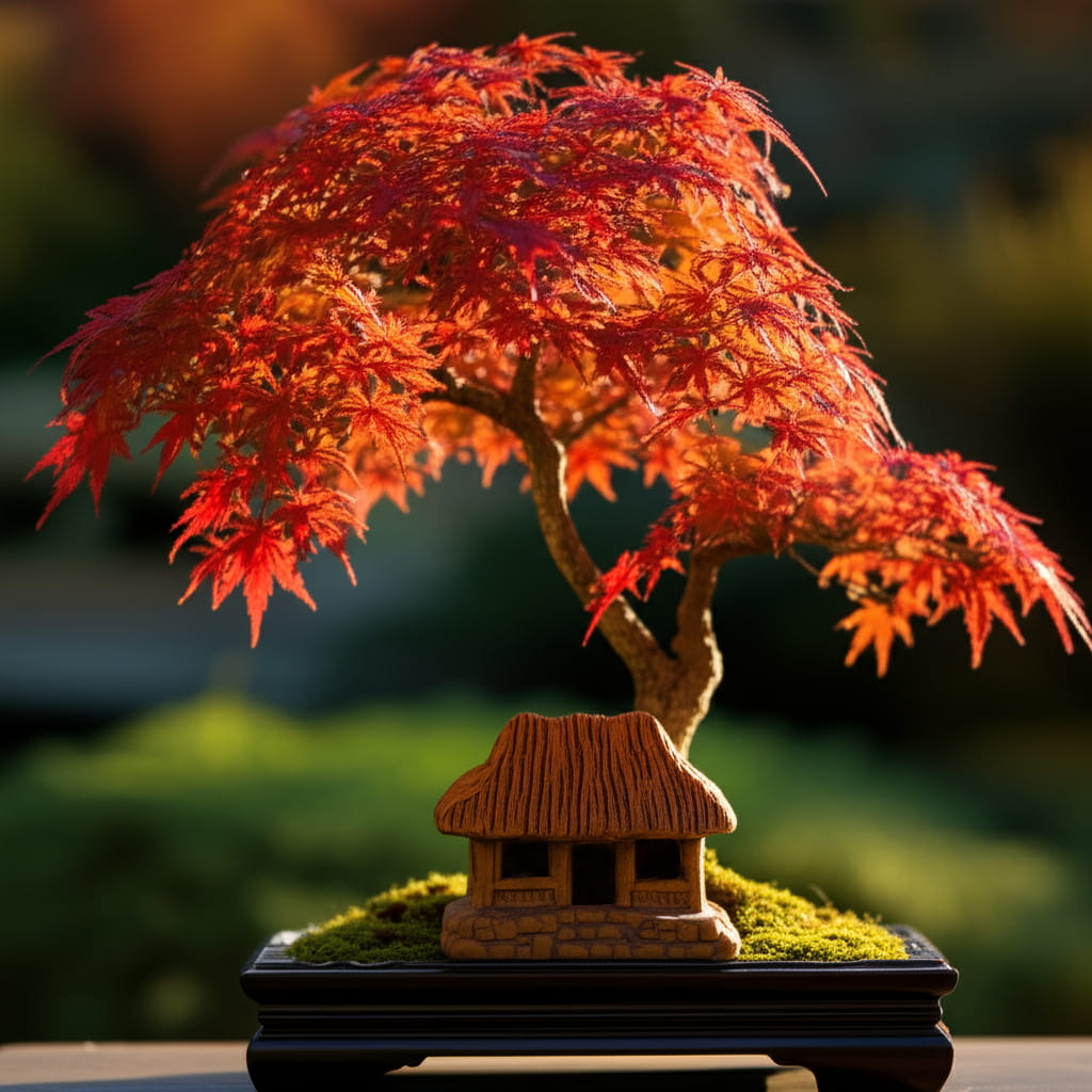 A miniature ceramic house under a red maple. These bonsai figurines add beautiful bonsai decor.