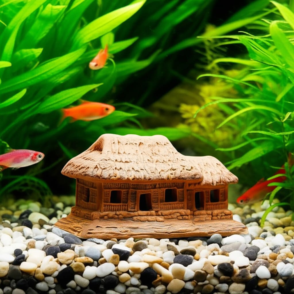 A brown thatched house figurine sits on gravel in an aquarium with green plants and small fish. This ceramic aquarium decor looks natural.