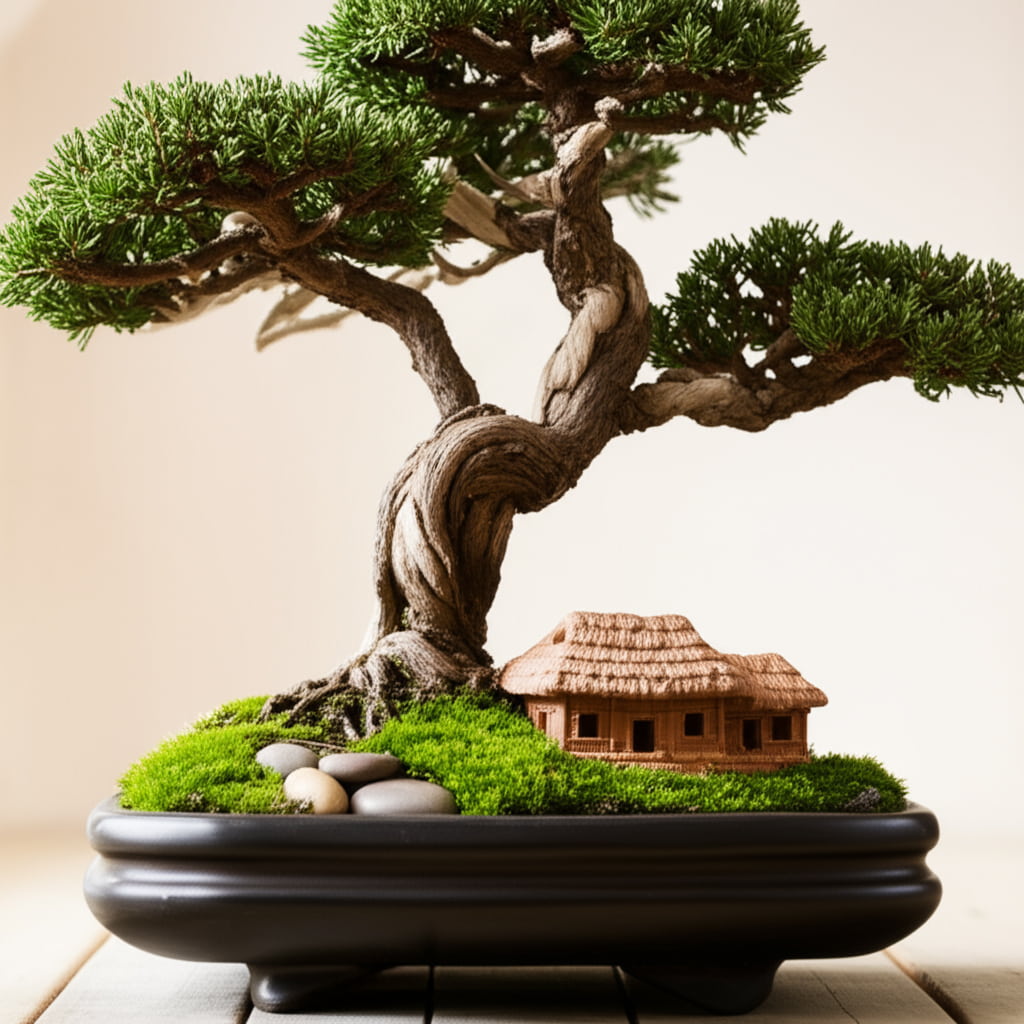 A brown thatched house figurine sits at the base of a large bonsai tree in a black pot. This bonsai figurines enhances the landscape.