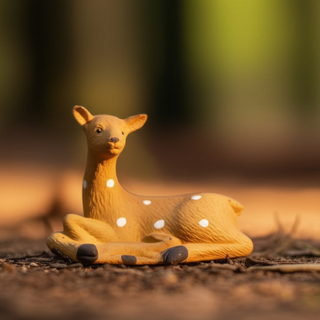 A small, brown ceramic animal figurine of a deer lies on a dirt path in the sun.