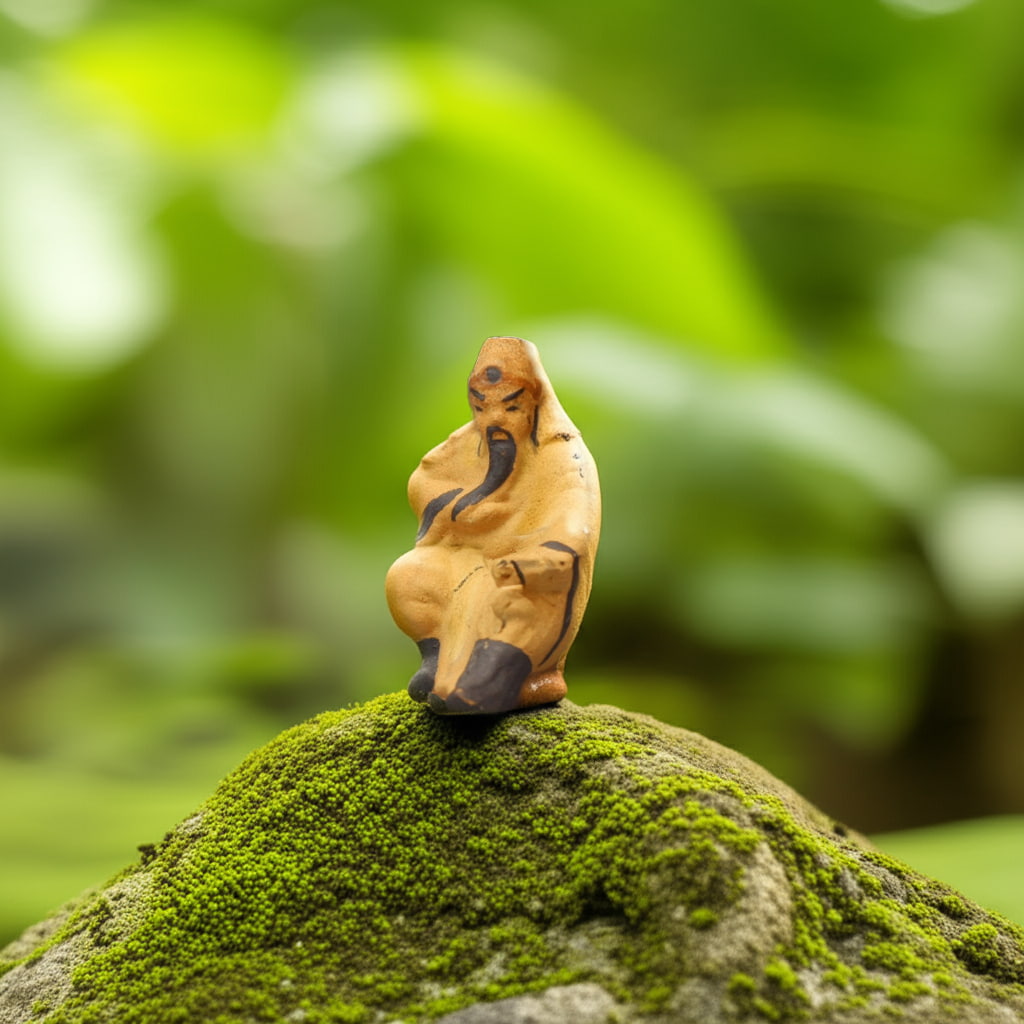 A single bonsai mudman sits on moss in a thinking pose. A classic bonsai figurine for your collection.