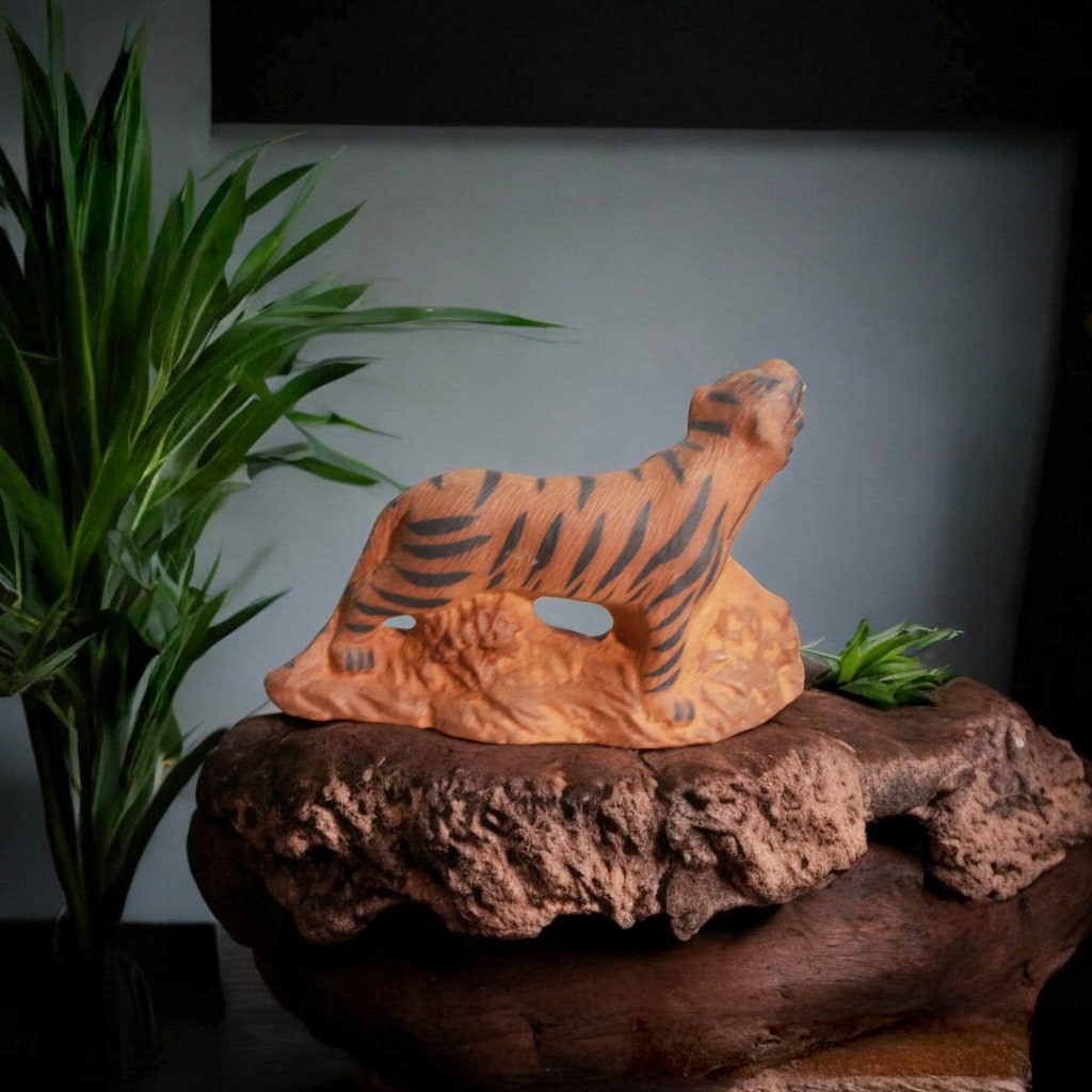 Ceramic Tiger Figurine looking up, on rock. Miniature tiger for bonsai decor scenes.