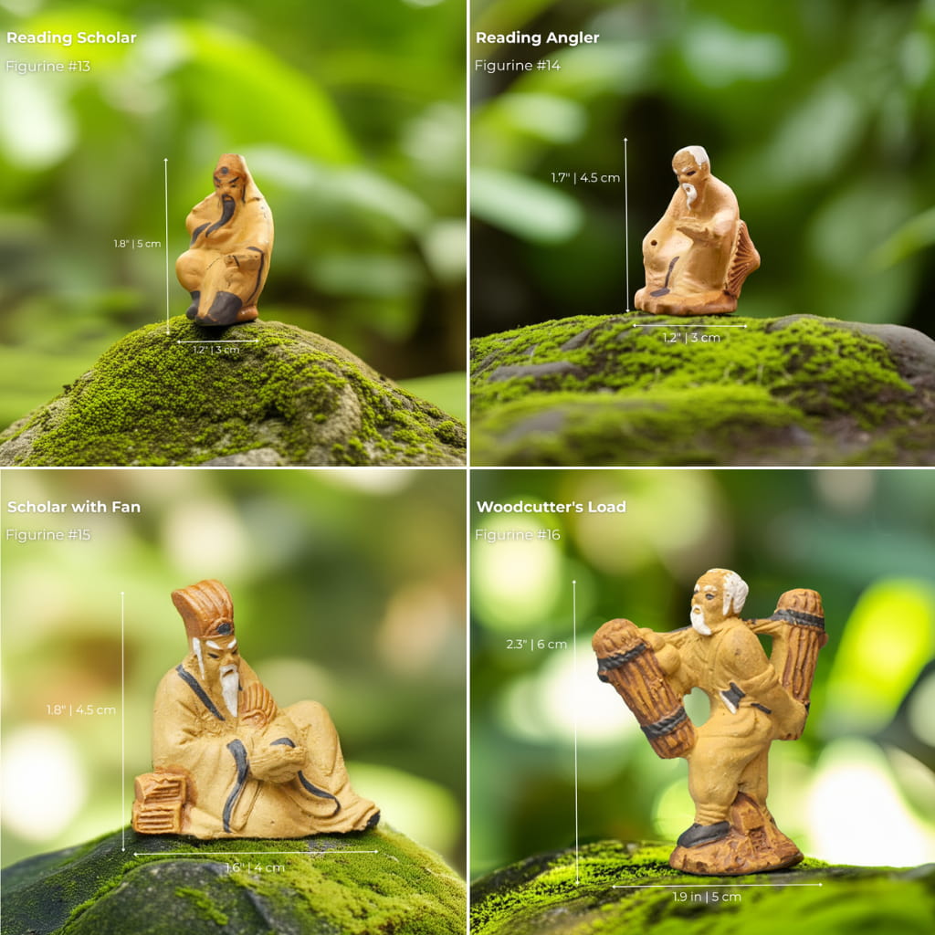 Four mudmen figurines showing scholars and an angler. These classic Chinese mudmen are great bonsai decor.