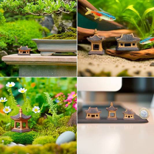 Collage showing four uses: a miniature pagoda near a bonsai, two pagoda statues as ceramic aquarium decor, one as terrarium figurines in a garden, and the set on a desk. Versatile bonsai figurines.