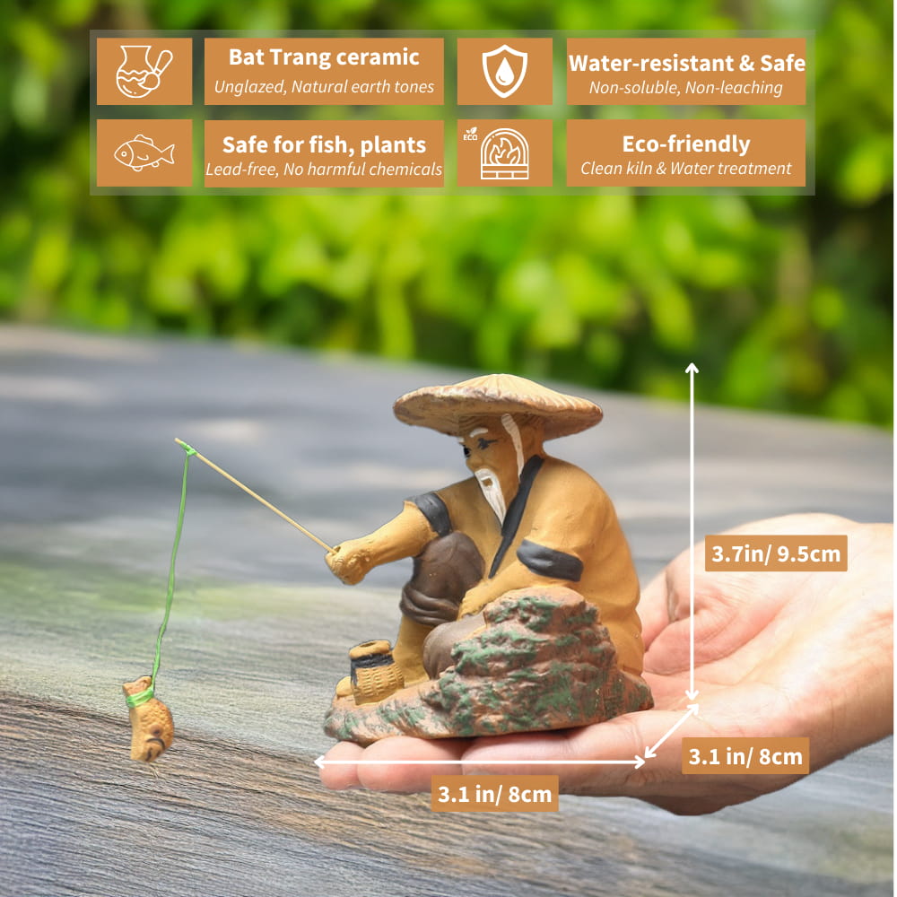 Set of 3 Ceramic Fishermen Figurines | Bonsai & Aquarium Decor