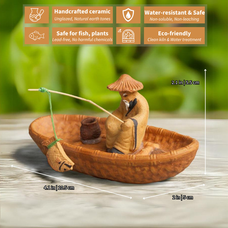 The complete fisherman figure set with dimensions shown. These bonsai figurines are waterproof and safe.