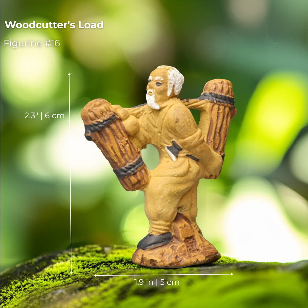 A Woodcutter carrying a heavy load of wood. A classic bonsai mudmen figure for your tree.