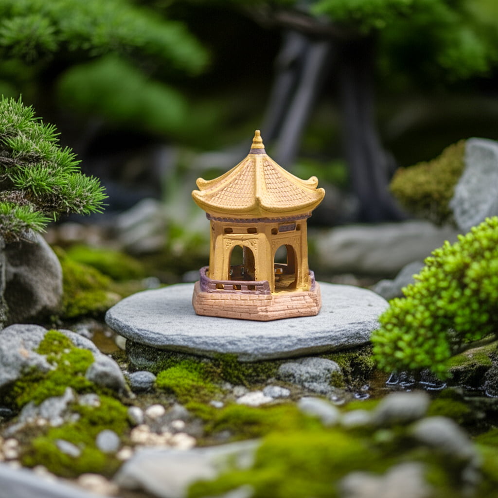 A yellow miniature pagoda stands on a stone in water. It's perfect bonsai pagoda decor or ceramic aquarium decor.