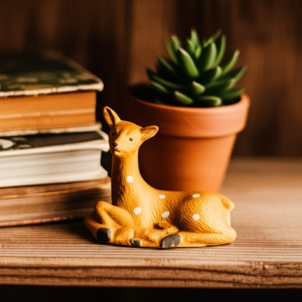 A ceramic deer family figurine sits on a wooden shelf, a perfect example of deer statues for home decor.