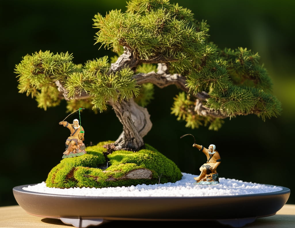 Two fisherman figurines, classic Bonsai figurines, enhance this bonsai decoration scene