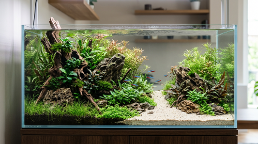 Planted aquarium with an off-centre stone focal area, layered depth and open sand.