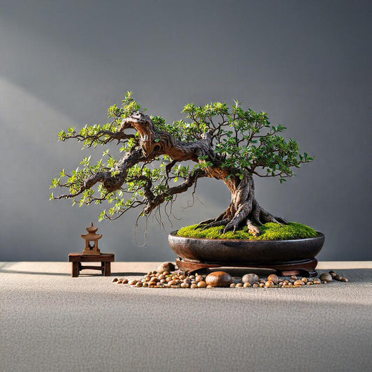 A mature bonsai tree with a gnarled trunk and vibrant green foliage, displayed with a miniature pagoda and pebbles. This bonsai tree decorating idea demonstrates how miniature accessories can enhance the visual appeal of a bonsai display.