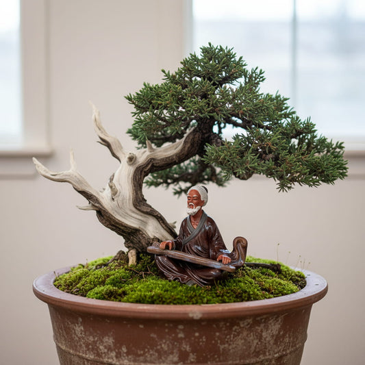 A ceramic mudmen figurine of an old man under a bonsai. A perfect piece of bonsai decor.
