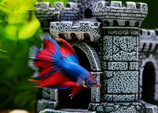 A blue and red betta fish swims beside a castle, a classic choice for aquarium decorations.