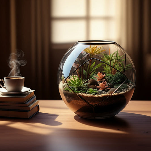A globe home decor terrarium on a desk. Great as glass jar decor with fake plants.