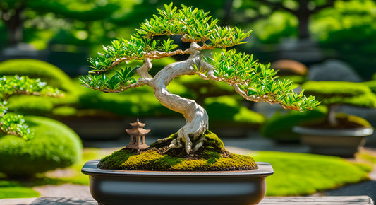 This miniature bonsai garden features a vibrant bonsai tree with a miniature pagoda figurine nestled at its base. The figurine adds to the meaning of figurines in bonsai, often symbolizing home and shelter