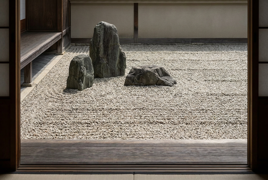 Restrained residential Japanese dry garden viewed from the adjoining room, with an asymmetrical stone group and open raked gravel.